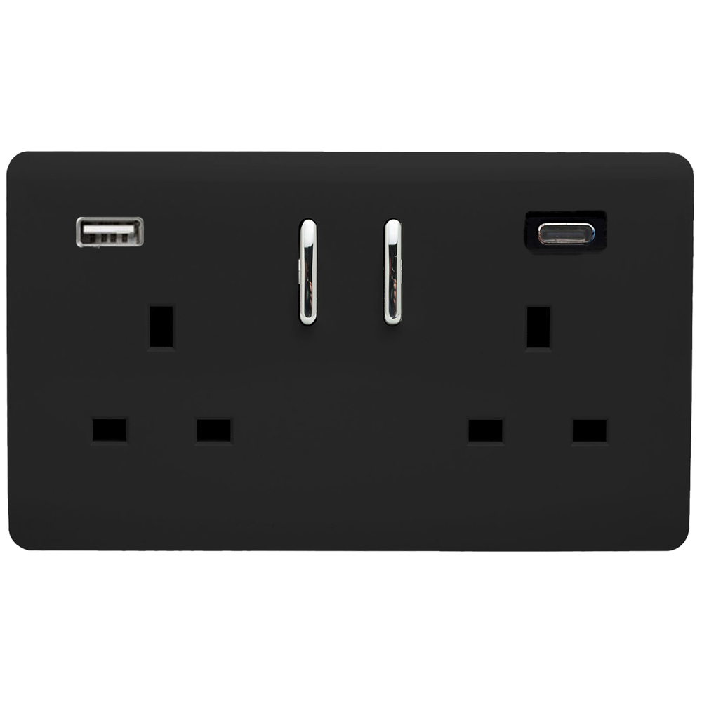 Trendi Switch 2 Gang 13amp 2 Port USB Designer Matt Black Plug Socket Image 1