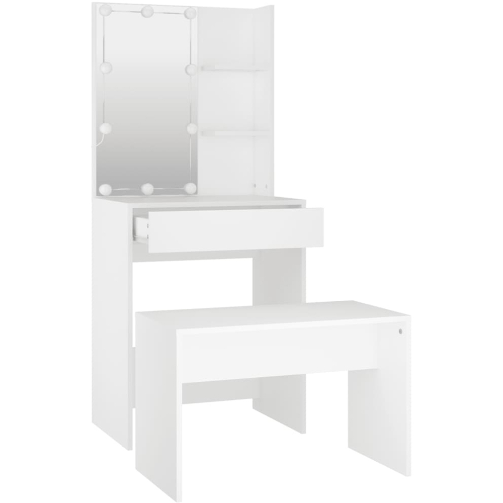 vidaXL White Wooden Dressing Table and Stool Set with LED Mirror Image 6