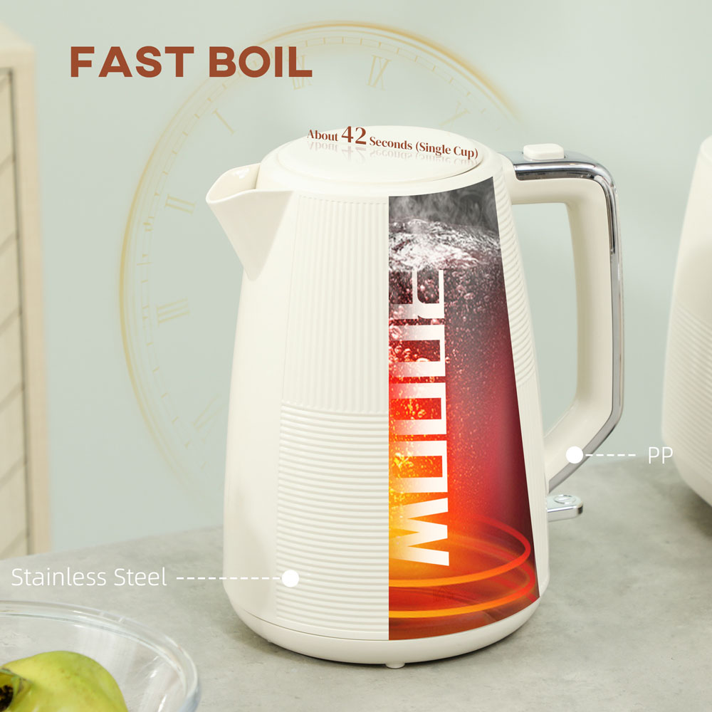 HOMCOM 800-233V70CW Cream 1.7L Fast Boil Electric Kettle 3000W and 2 Slice Water Toaster Set Image 8