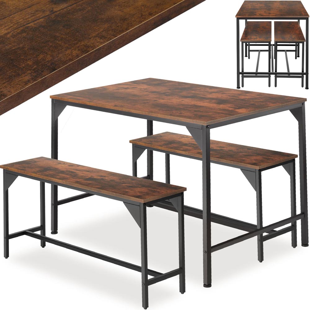 tectake Bolton 2 Seater Industrial Dark Wood Dining Set with Bench Image 2