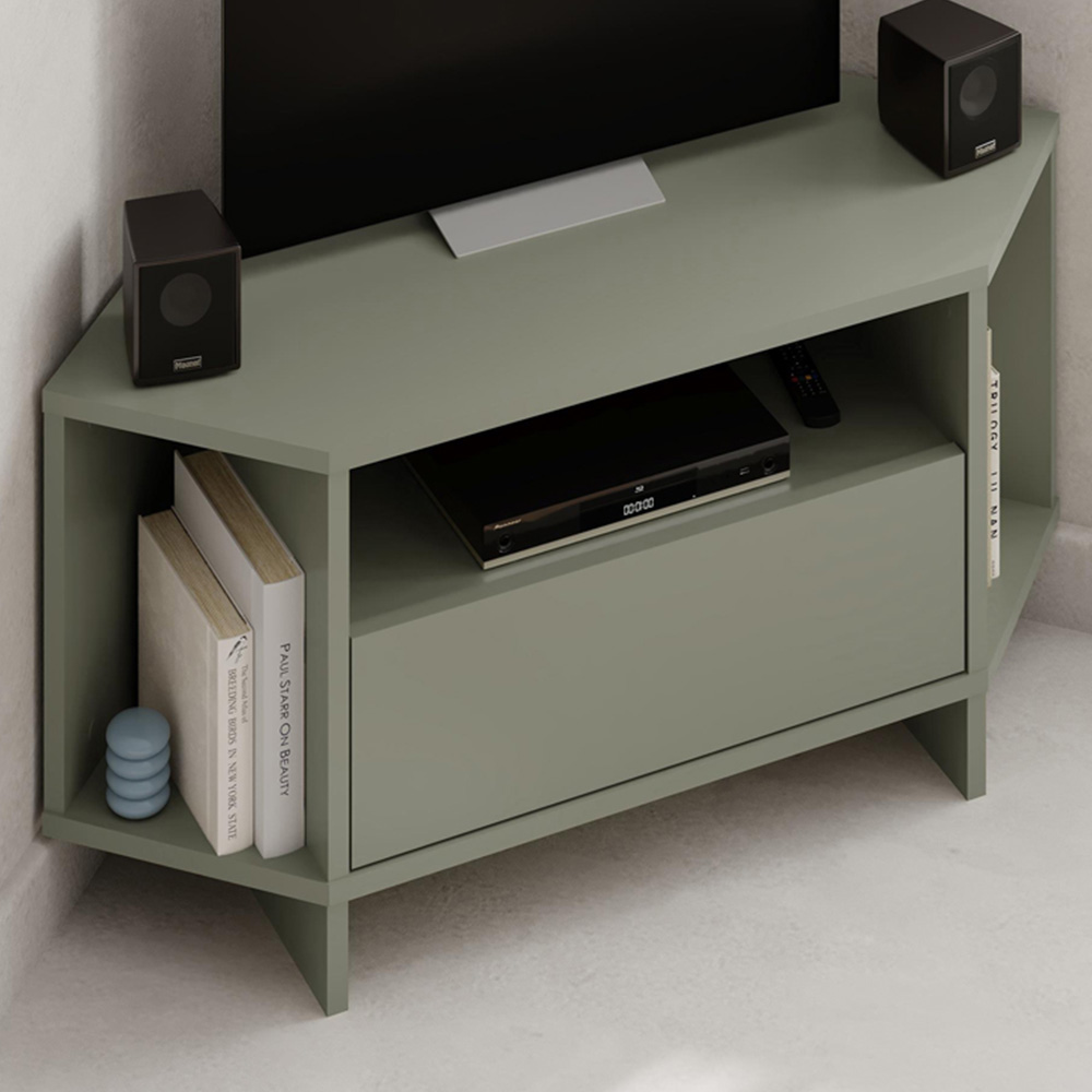 Decortie Viva 3 Shelf Single Cabinet Ash Green Finish Modern Corner TV Stand Image 1