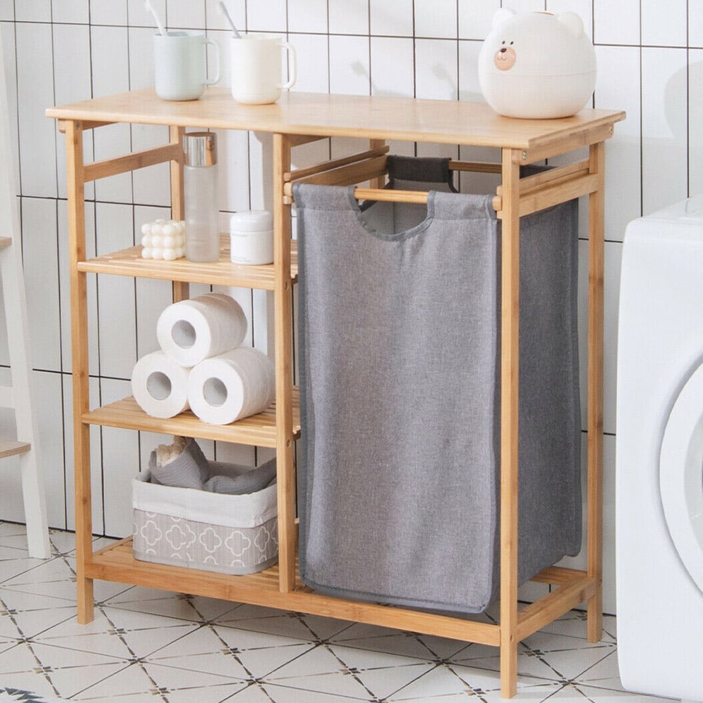 Costway 3 Shelf Natural Bamboo Laundry Basket with Removable Bag Image 2