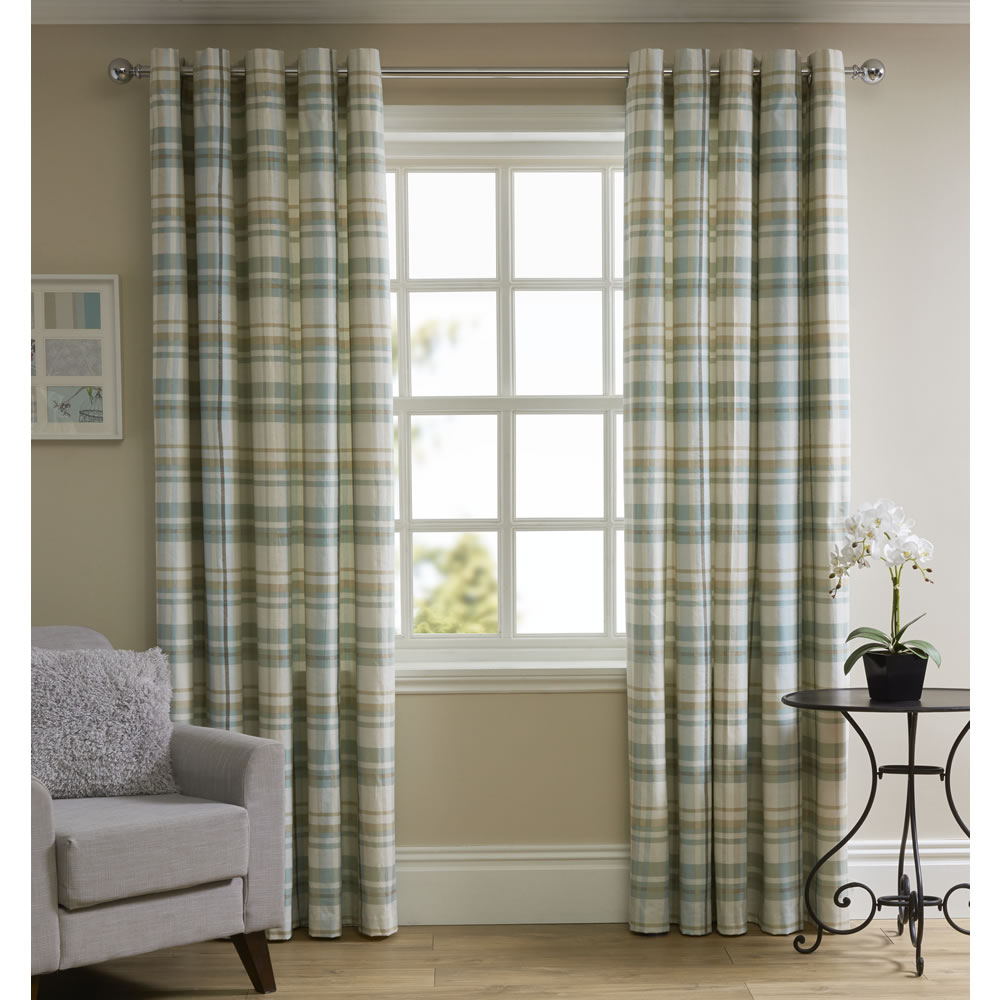 Wilko Blue Printed Check Curtains 167 Wx 137cm D Image 1