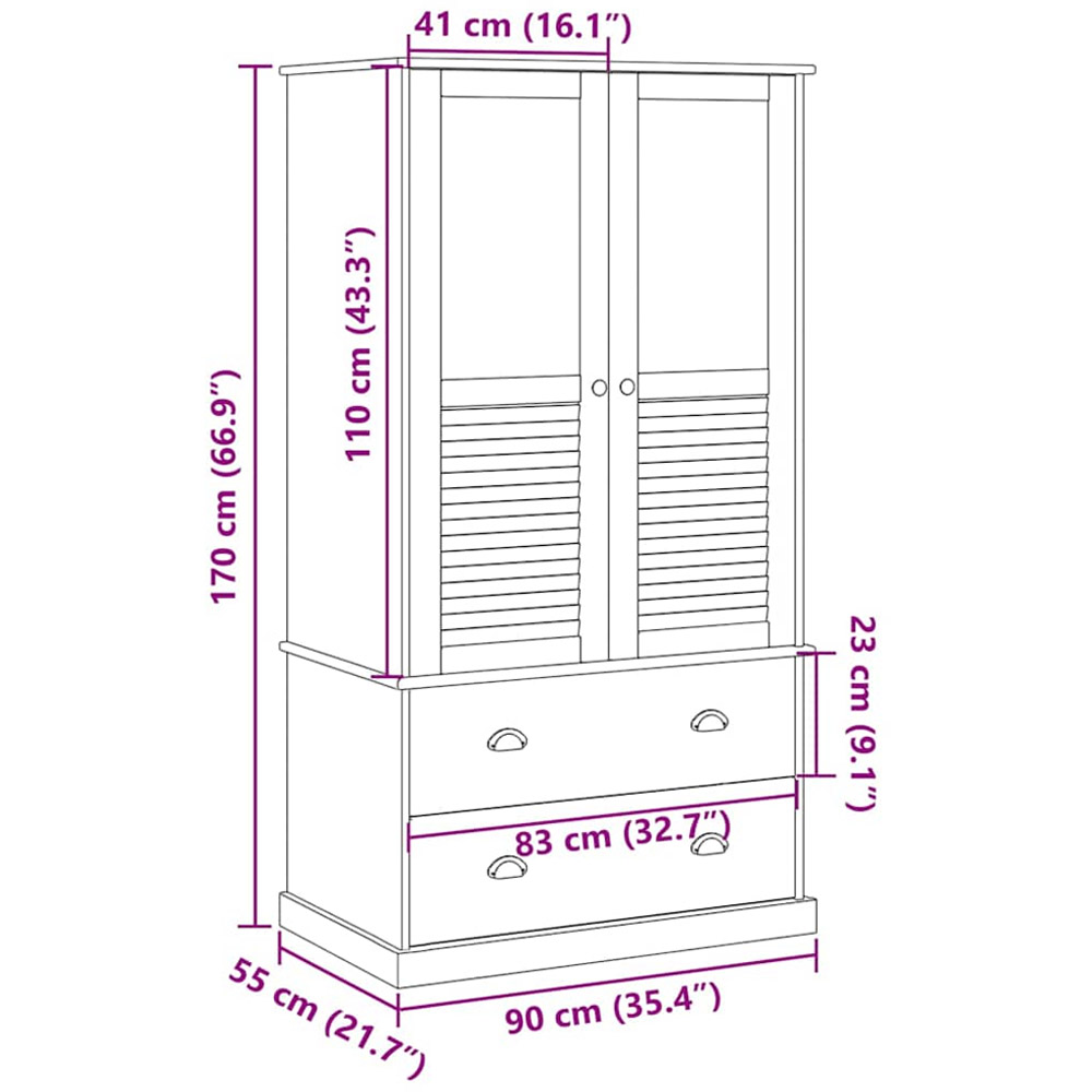 vidaXL Vigo 2 Door 2 Drawer Grey Solid Wood Pine Wardrobe Image 9