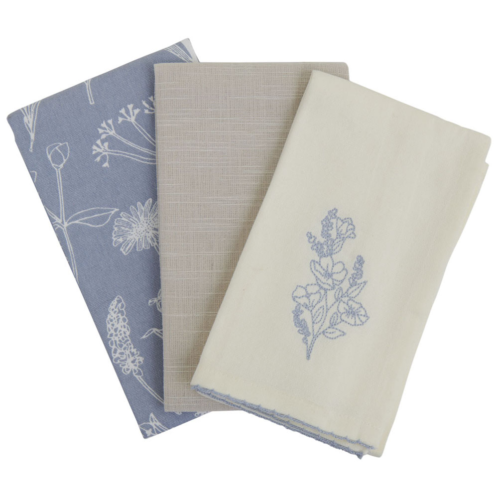 Wilko Blue Floral Tea Towels 3 Pack Wilko