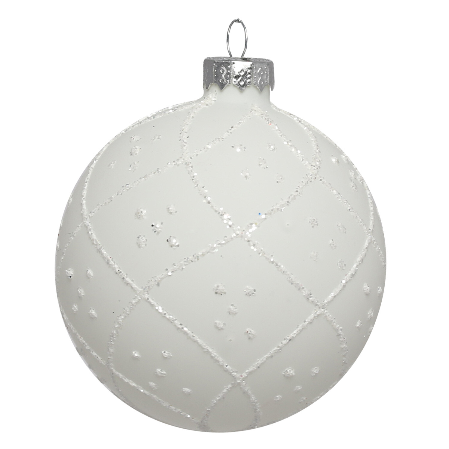 Single Matte White Glitter Pattern Bauble in Assorted styles Image 1