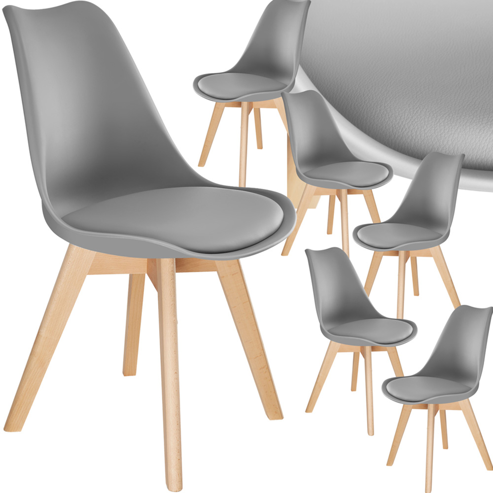tectake Frederikke Set of 6 Grey Padded Dining Chair with Wooden Legs Image 2