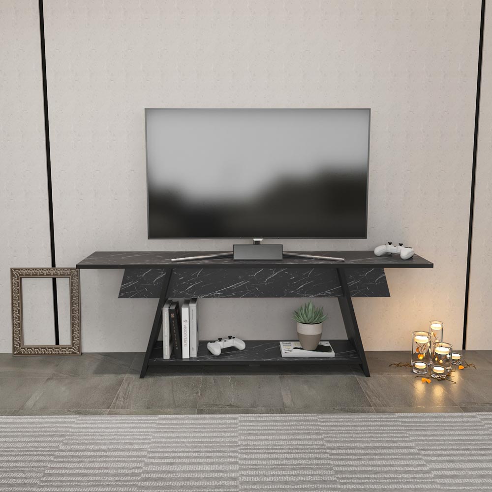 Decorotika Lanca Single Shelf Black Marble Effect TV Unit Image 4