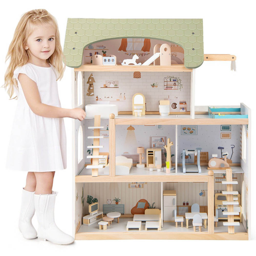 Costway Kids Green 33 Piece Wooden Dollhouse with Furniture Accessories Image 3