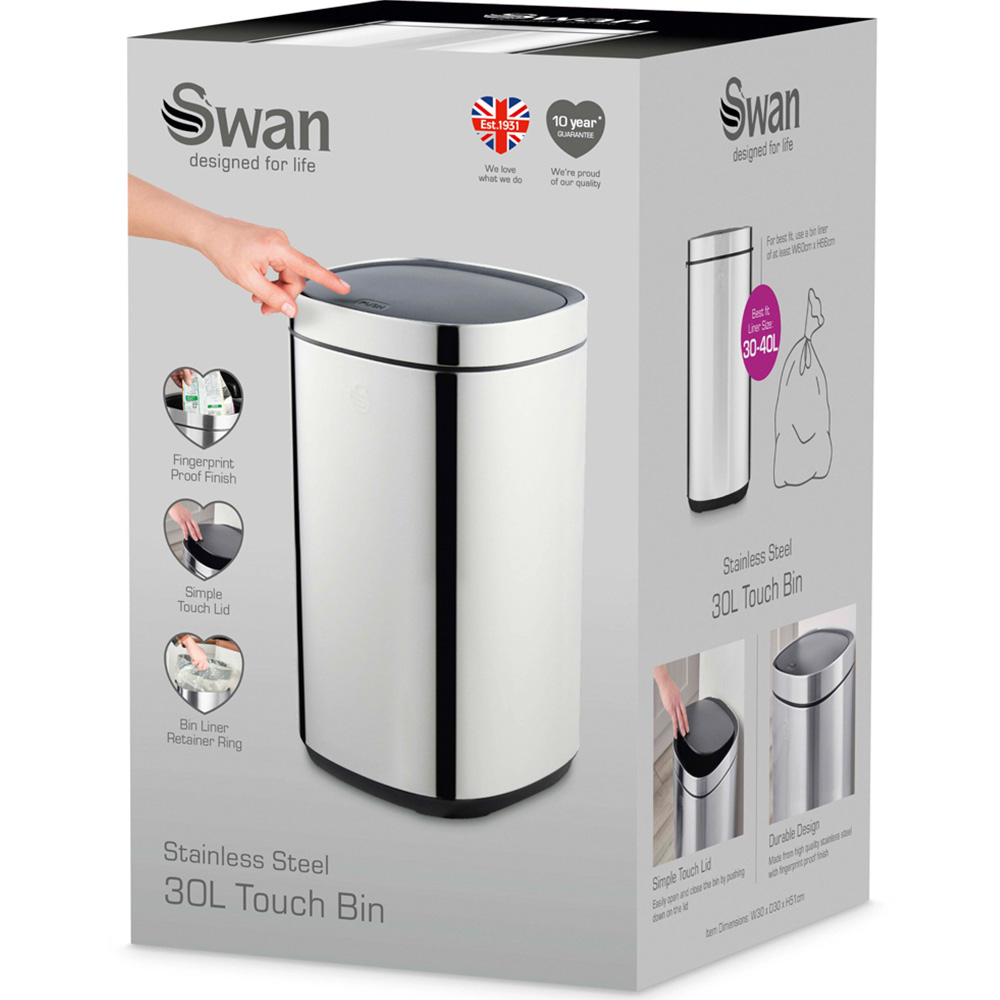 Swan Silver Stainless Steel Square Touch Bin 30L Image 2