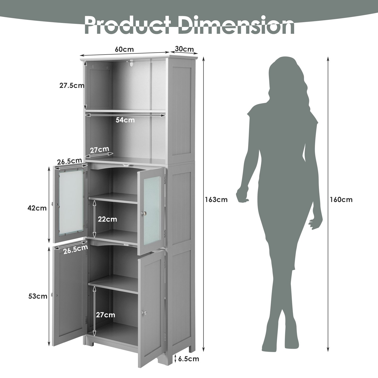 Costway 4 Door 2 Shelf Grey Freestanding Storage Cabinet Image 8