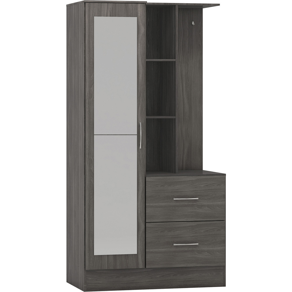 Seconique Nevada Single Door 2 Drawer Black Wood Grain Mirrored Open Shelf Wardrobe Image 2