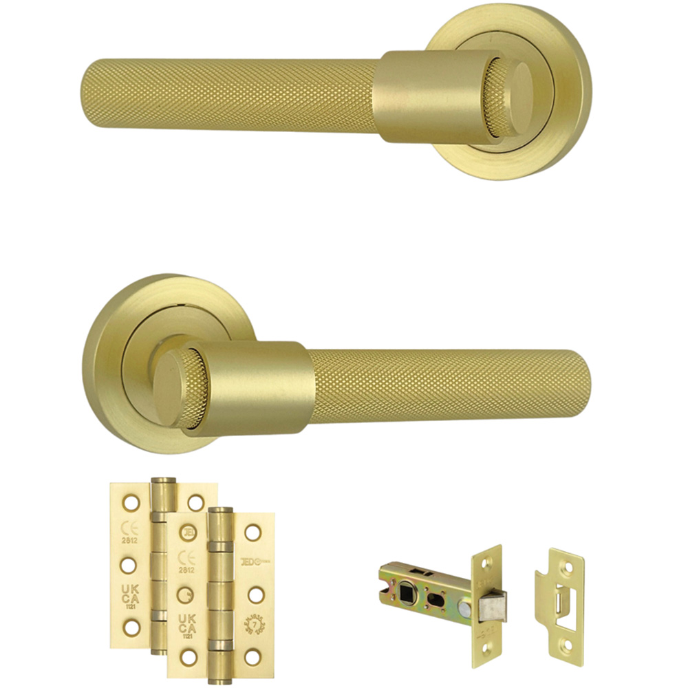 AXS Hardware Dakota Satin Brass Knurled Latch Door Handles on Rose 4 Pack Image 1