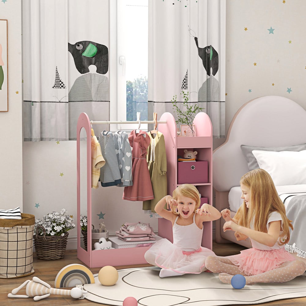 AIYAPLAY Pink Kids Cloth Rail with Storage Shelf and Mirror Image 4