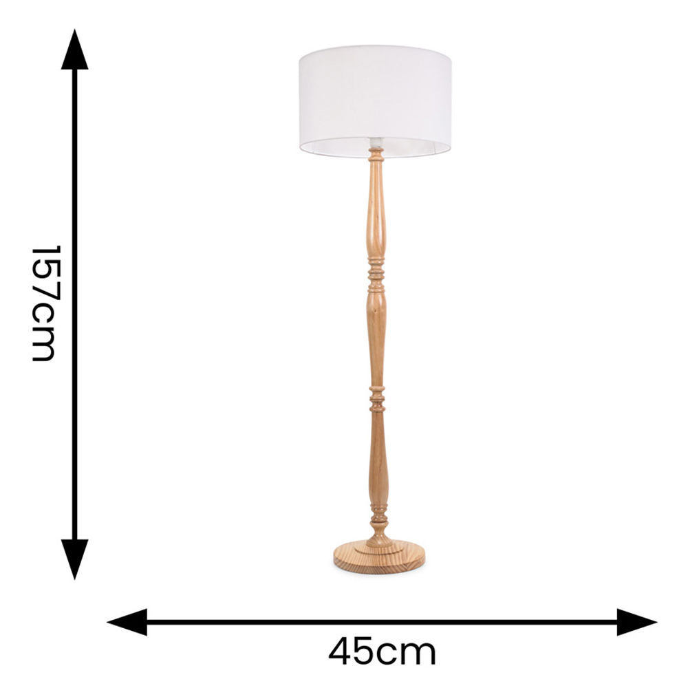 ValueLights Victoria White Fabric Drum Shade Light Wood Traditional Stem LED Floor Lamp Image 5