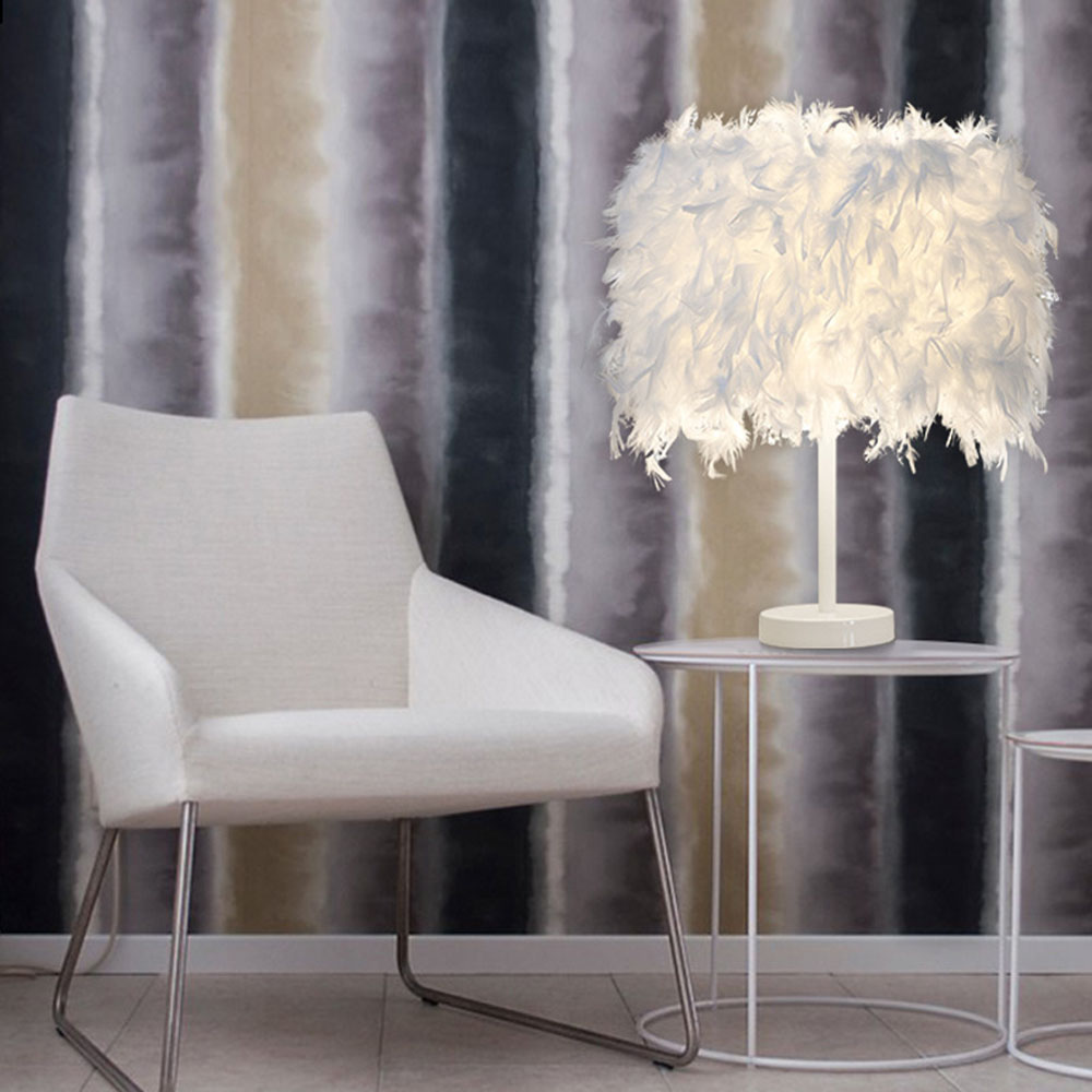 Living and Home LED Table Lamp with Feather Lampshade Image 2