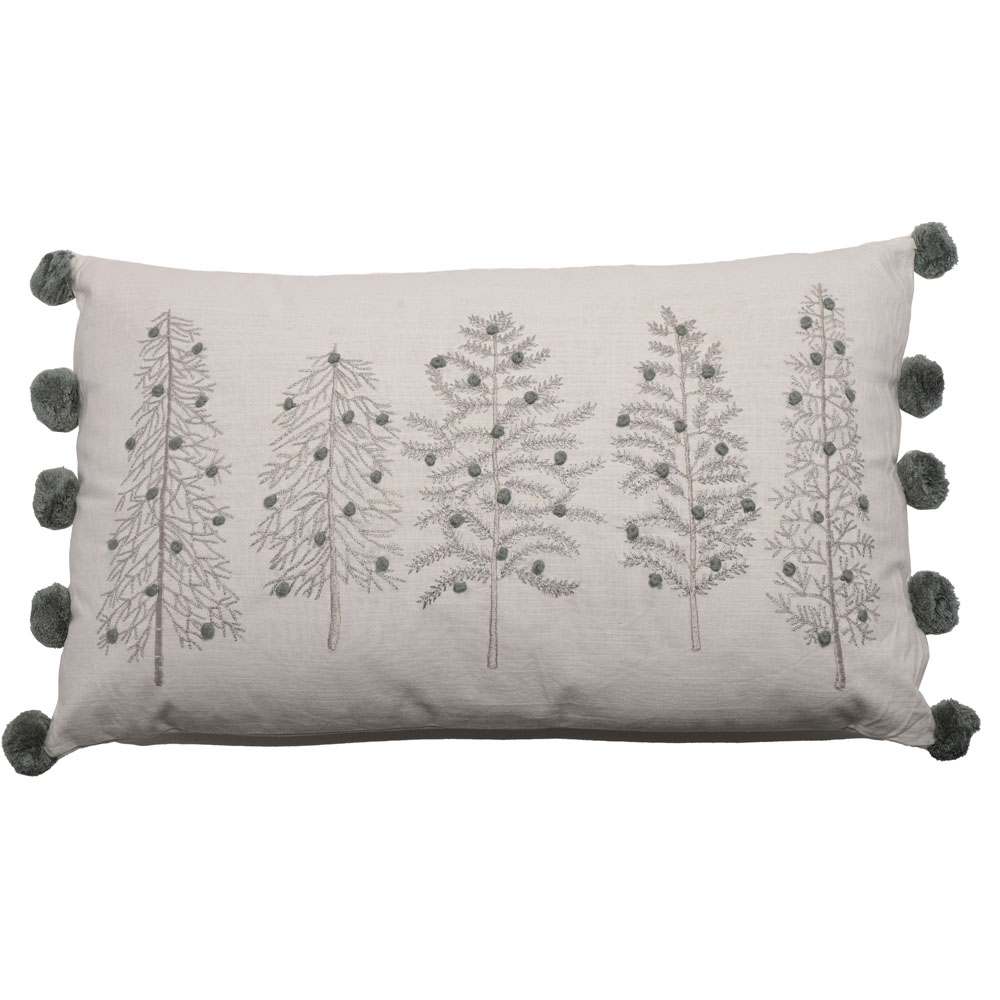 The Christmas Gift Co White Rectangle Tree Cushion with Pom Poms Image 1