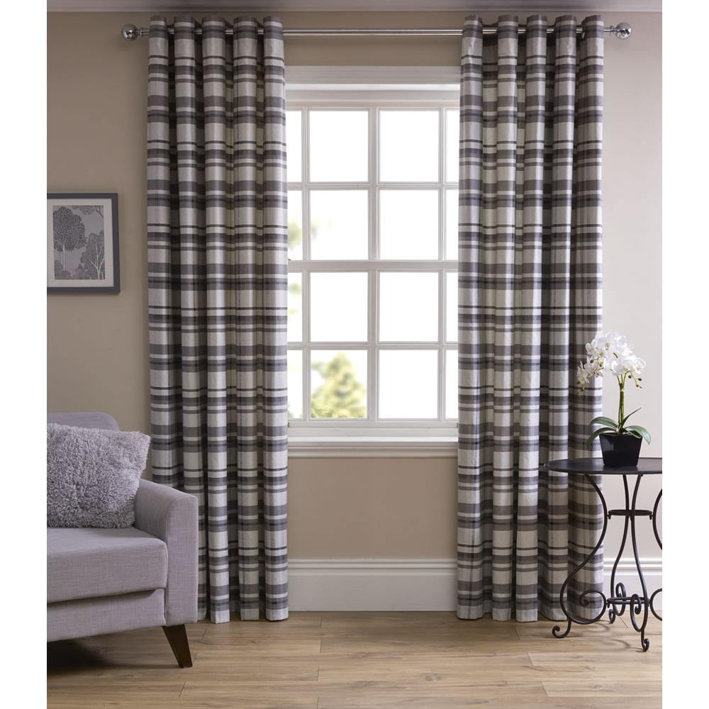 Wilko Grey Printed Check Curtains 167 W x 137cm D Image 1