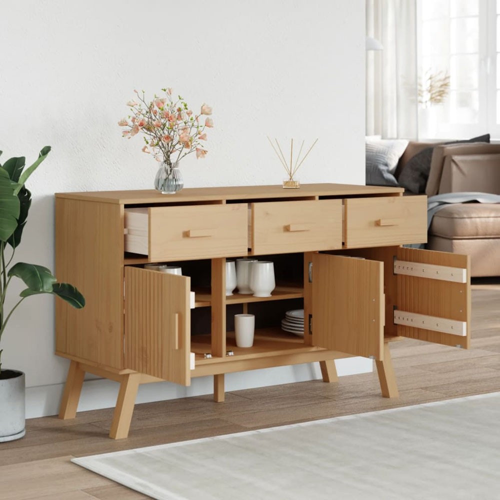 vidaXL Olden 3 Door 3 Drawer Brown Solid Pine Wood Sideboard Image 4