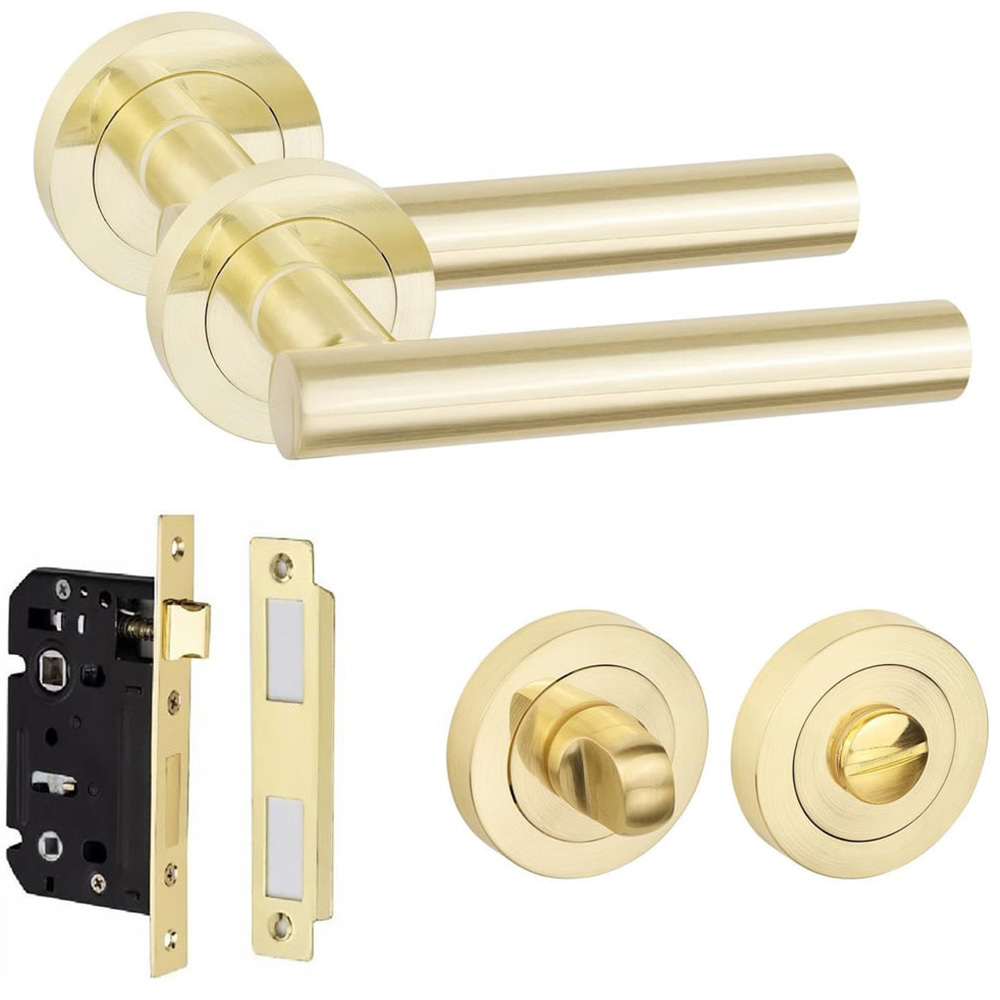 Golden Grace Satin Brass Straight T-Bar Bathroom Door Handle Pair with Thumbturn and Mortise Lock Image 1