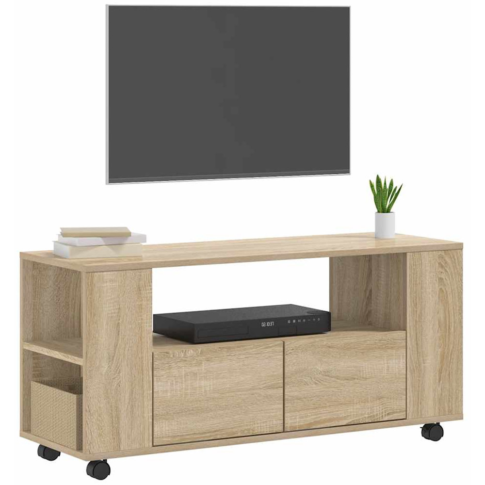 vidaXL 2 Drawer Single Open Shelf Sonoma Oak TV Cabinet with Wheels Image 3