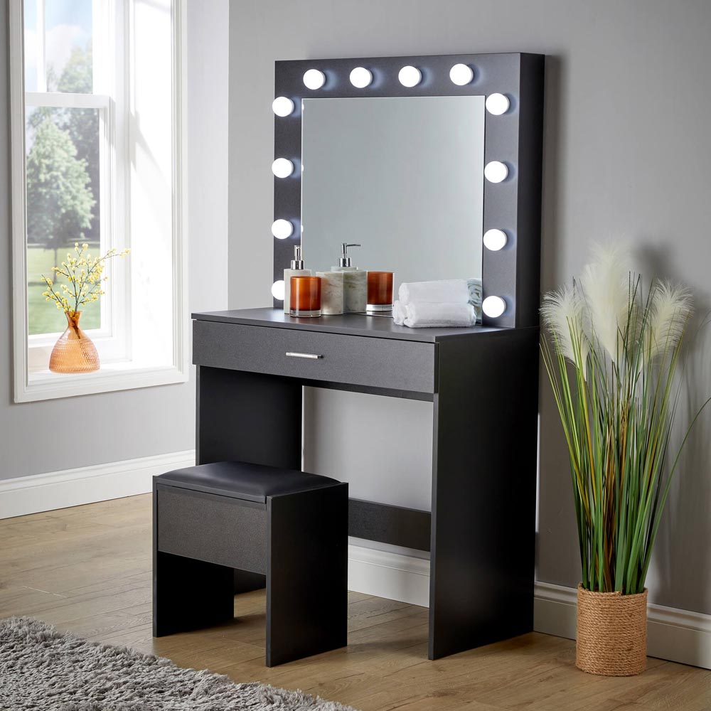 Home Source Ella Single Drawer Black Dressing Table Set with LED Lights Mirror Image 7