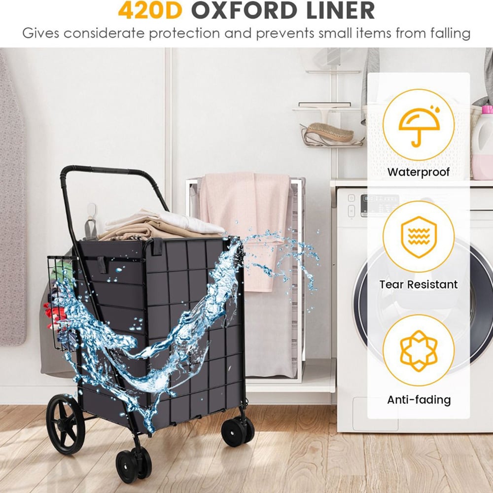 Costway Black Folding Shopping Cart with Oxford Liner Image 4
