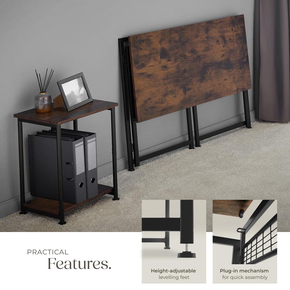 tectake Dark Wood Rustic Foldable Desk with 8 Storage Hook Image 4