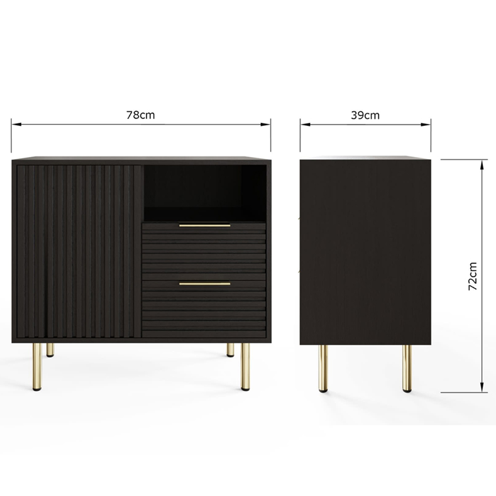 GFW Nervata Single Door 2 Drawer Single Shelf Black and Gold Ribbed Compact Sideboard Image 9