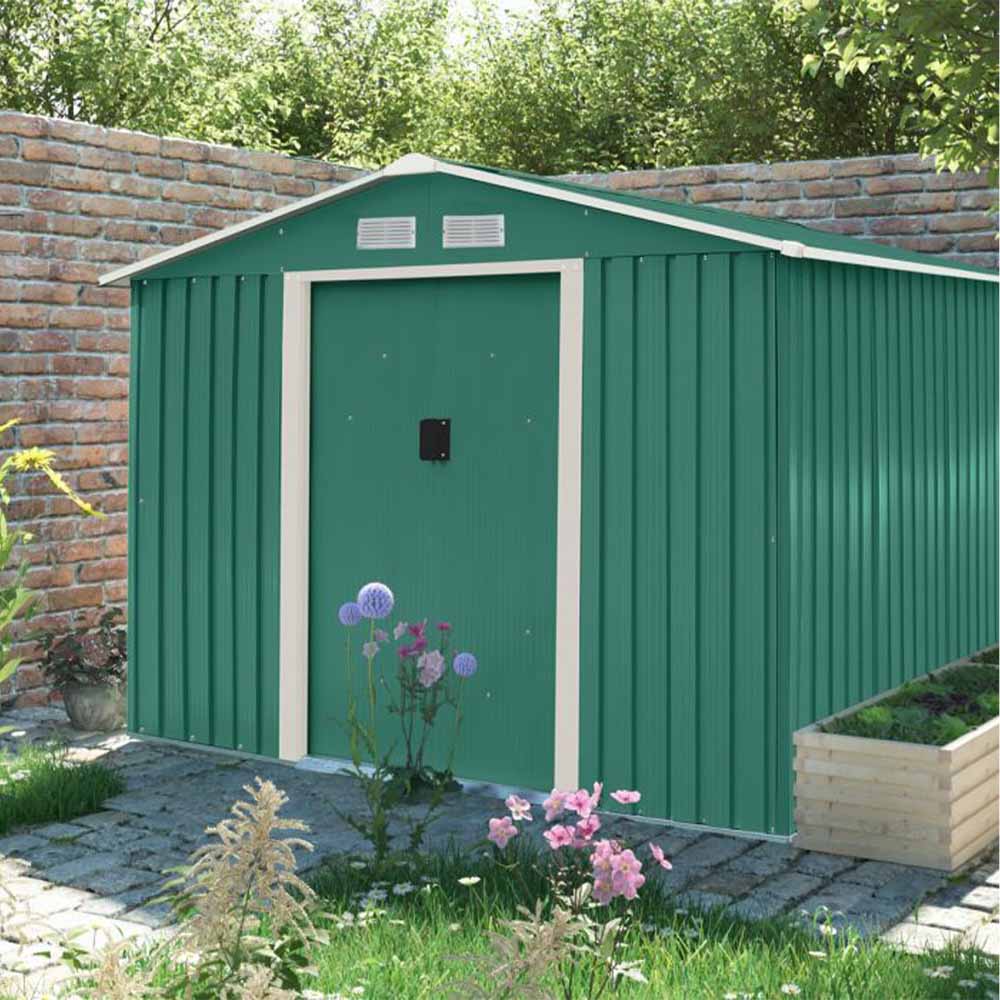 Charles Bentley 8 x 10ft Green Apex Metal Garden Shed with Floor Foundation Image 4