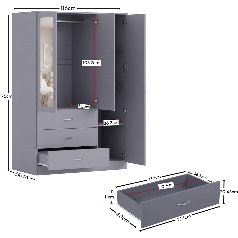 VIDA DESIGNS Riano 3 Door 3 Drawer Grey Mirrored Wardrobe Image 9