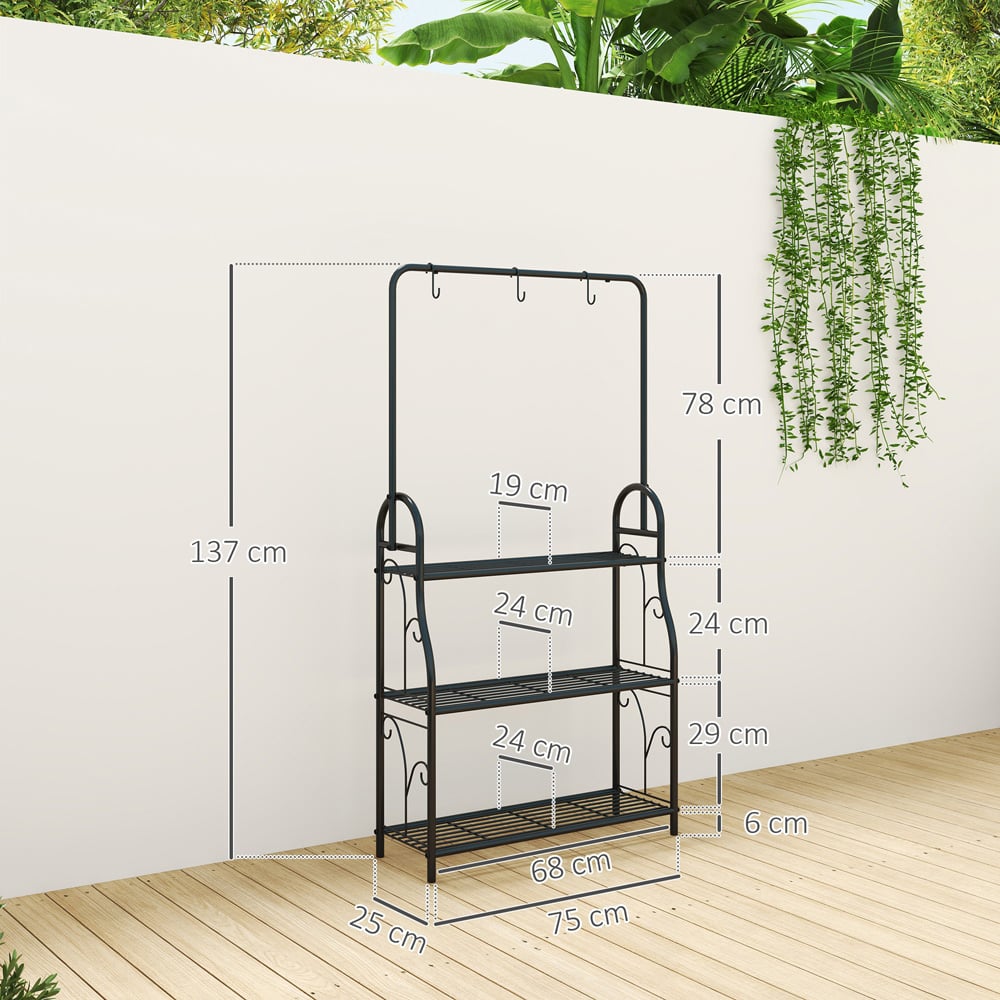 Outsunny 3 Tier Black Garden Plant Stand with Hanging Hooks Image 9