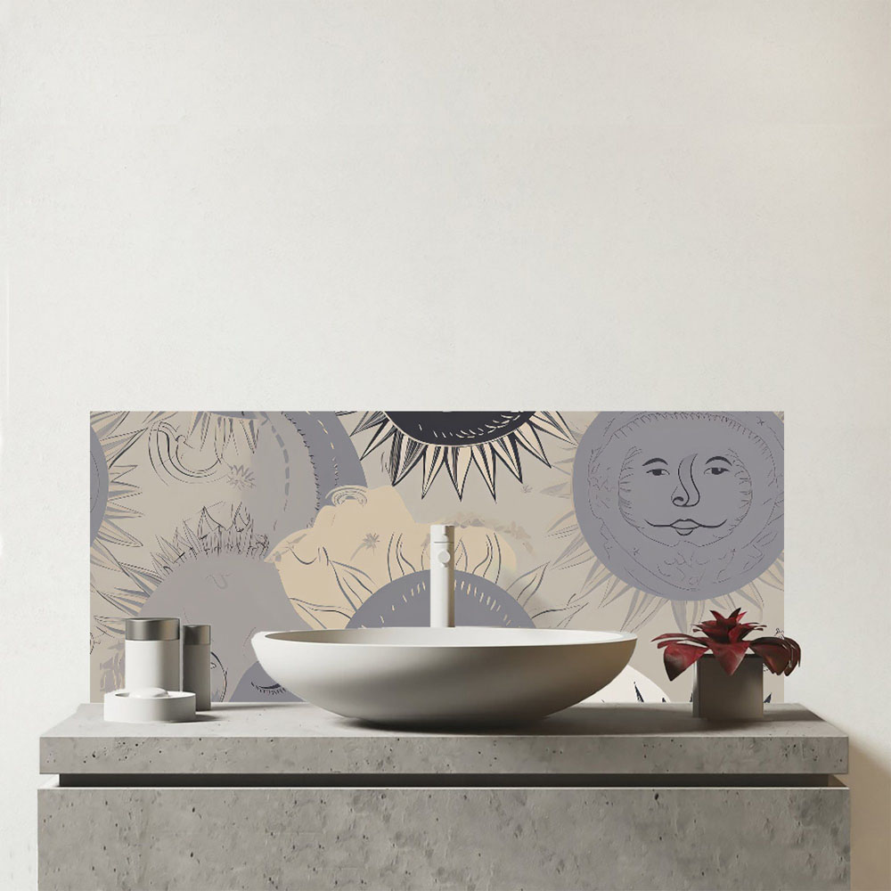 Warren Reed Designer Grey Black Abstract Moon and Sun Glass Bathroom Splashback 25 x 60cm Image 1