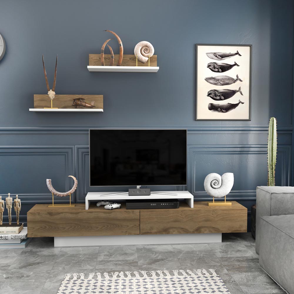 Decorotika Lusi 2 Door Single Shelf White and Oud TV Unit with 2 Wall Shelf Image 5