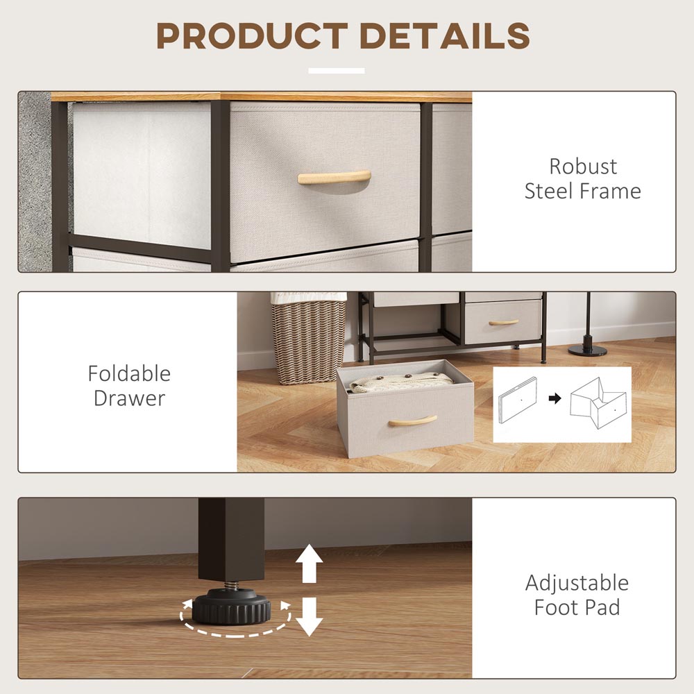 Cream Drawers HOMCOM 8 Drawer Cream Fabric Chest of Drawers with Wooden Top | Wilko