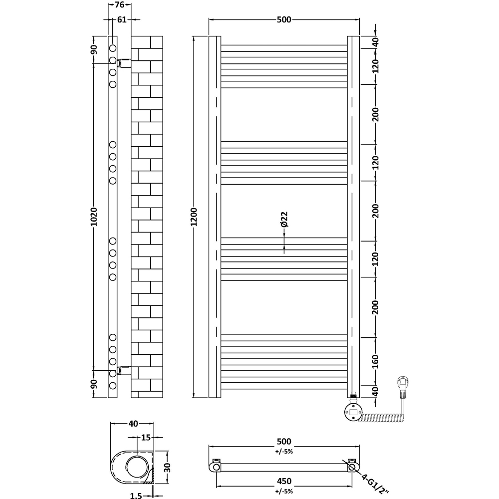 nuie Hudson Reed Brushed Brass Electric Round Tube Towel Rail 1200 x 500mm Image 3