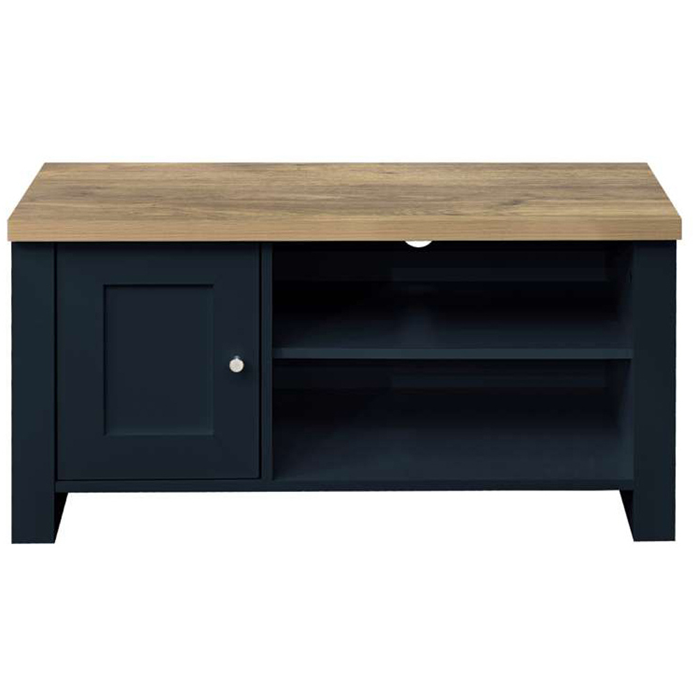 Highgate Single Drawer 2 Shelf Navy Blue Oak Small TV Unit Image 3