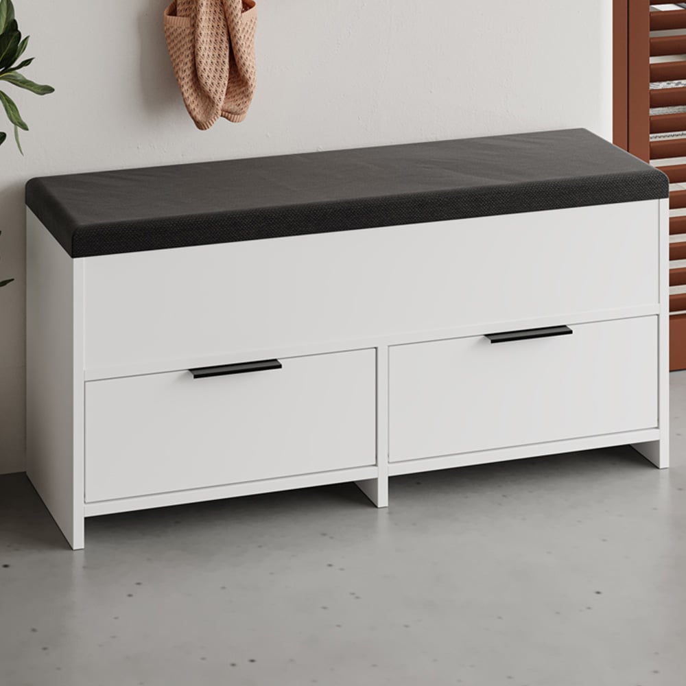 Decortie Cove 2 Door 2 Shelf White Modern Shoe Storage Bench Image 1
