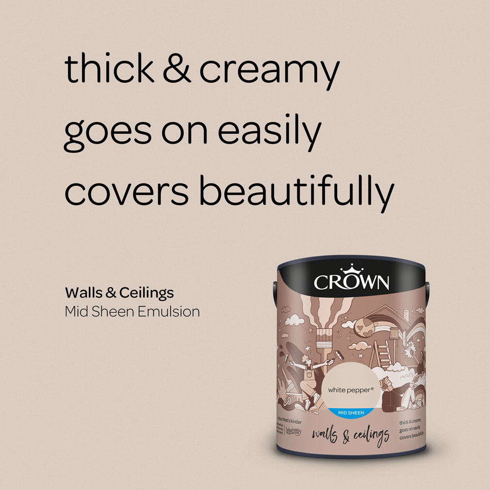 Crown Walls & Ceilings White Pepper Mid Sheen Emulsion Paint 5L Image 8