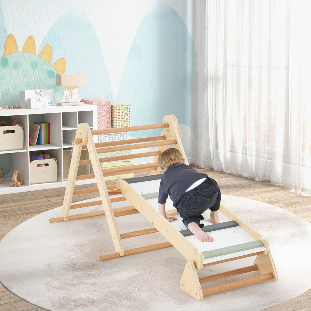 Costway 3-in-1 Natural Pikler Triangle Climbing Set with Dual Side Ramp Image 2