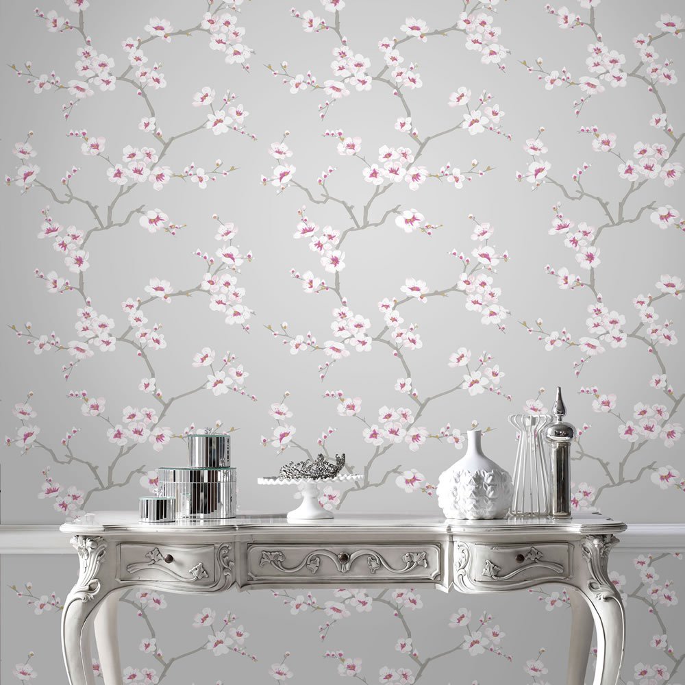 Fresco Apple Blossom Grey and Pink Wallpaper Image 3