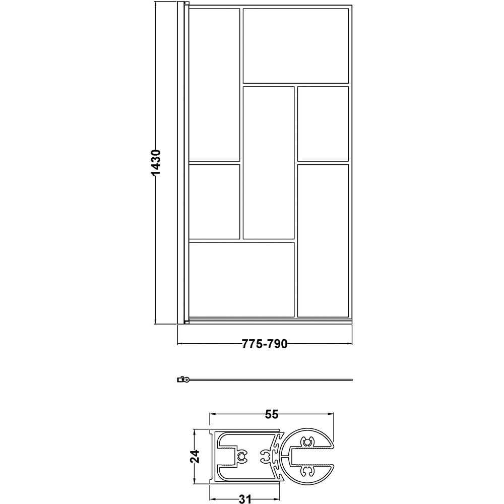 nuie Matt Black Abstract Square Shower Bath Screen 785mm Image 4