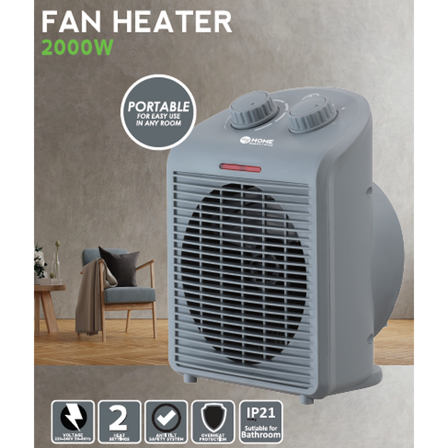 Upright Portable Fan Heater Grey Image 2