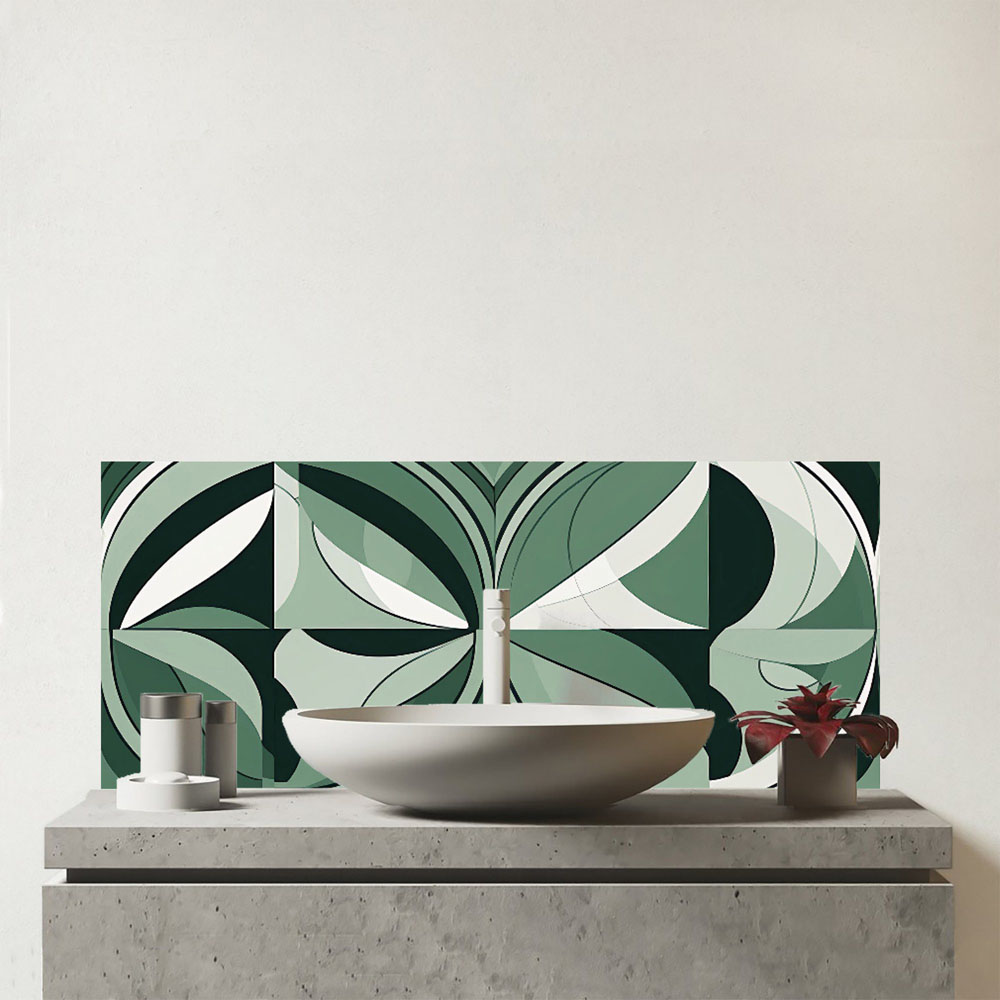 Warren Reed Designer Geometric Green Black Glass Bathroom Splashback 25 x 60cm Image 1