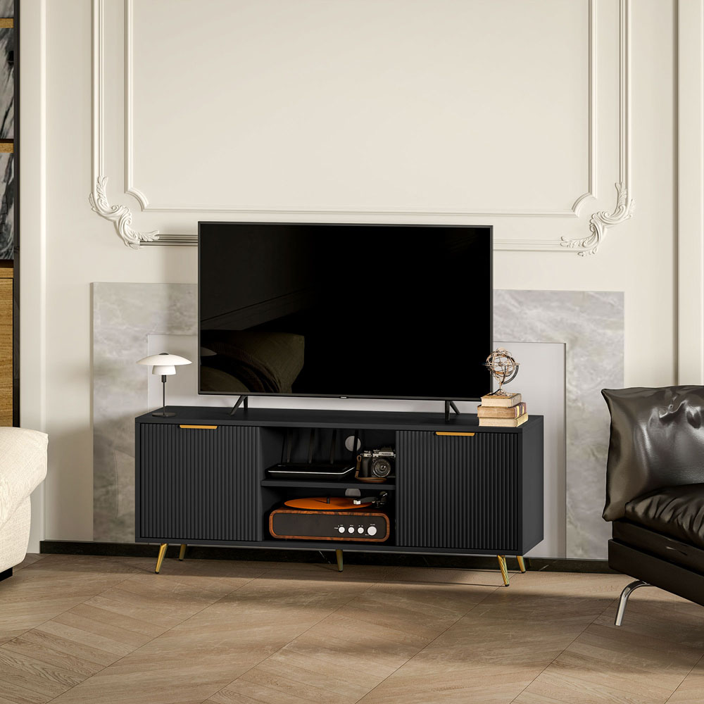HOMCOM 2 Door 2 Shelf Black TV Stand Cabinet with Storage Image 5