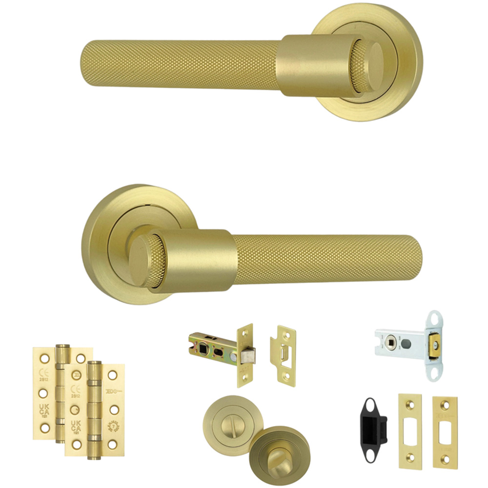 AXS Hardware Dakota Satin Brass Knurled Bathroom Door Handles on Rose 4 Pack Image 1