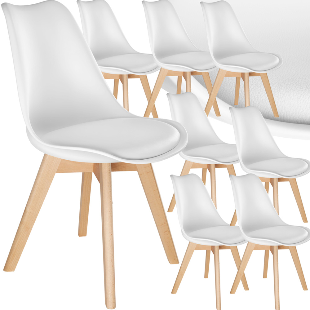 tectake Frederikke Set of 8 White Padded Dining Chair with Wooden Legs Image 2