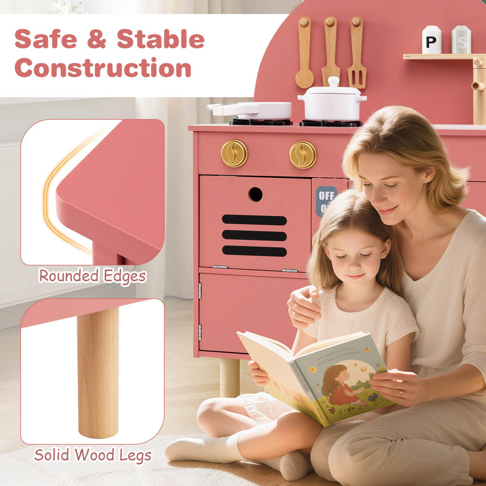 Costway Kids Pink Wooden Kitchen Play Set with Stoves Faucet Image 6