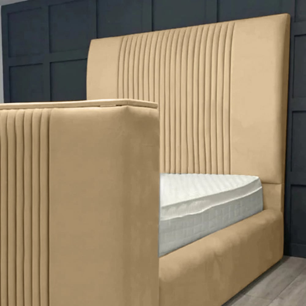 Eleganza Home Emri Double Beige Plush TV Velvet Bed Frame with Lined Headboard Image 2