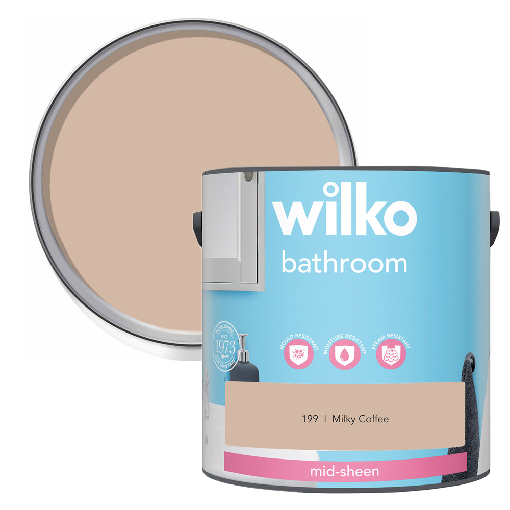 Wilko Bathroom Milky Coffee Mid Sheen Emulsion Paint 2.5L Image 1